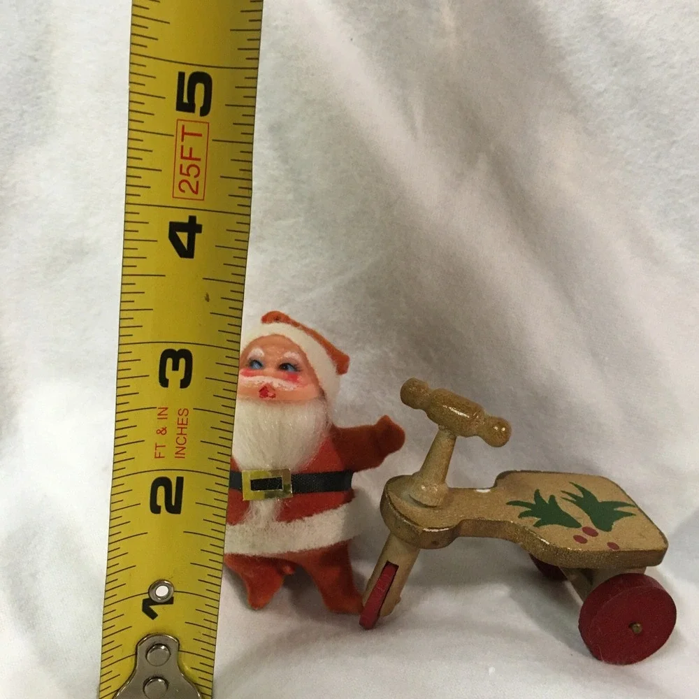 Vintage Flocked Santa Hard Plastic and Wooden Scooter Christmas Ornaments RETRO